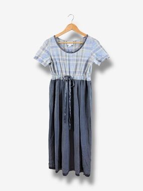 Vintage Expo Petite Dress Size 8 Blue Plaid Drawstring Waist Cottage Prairie